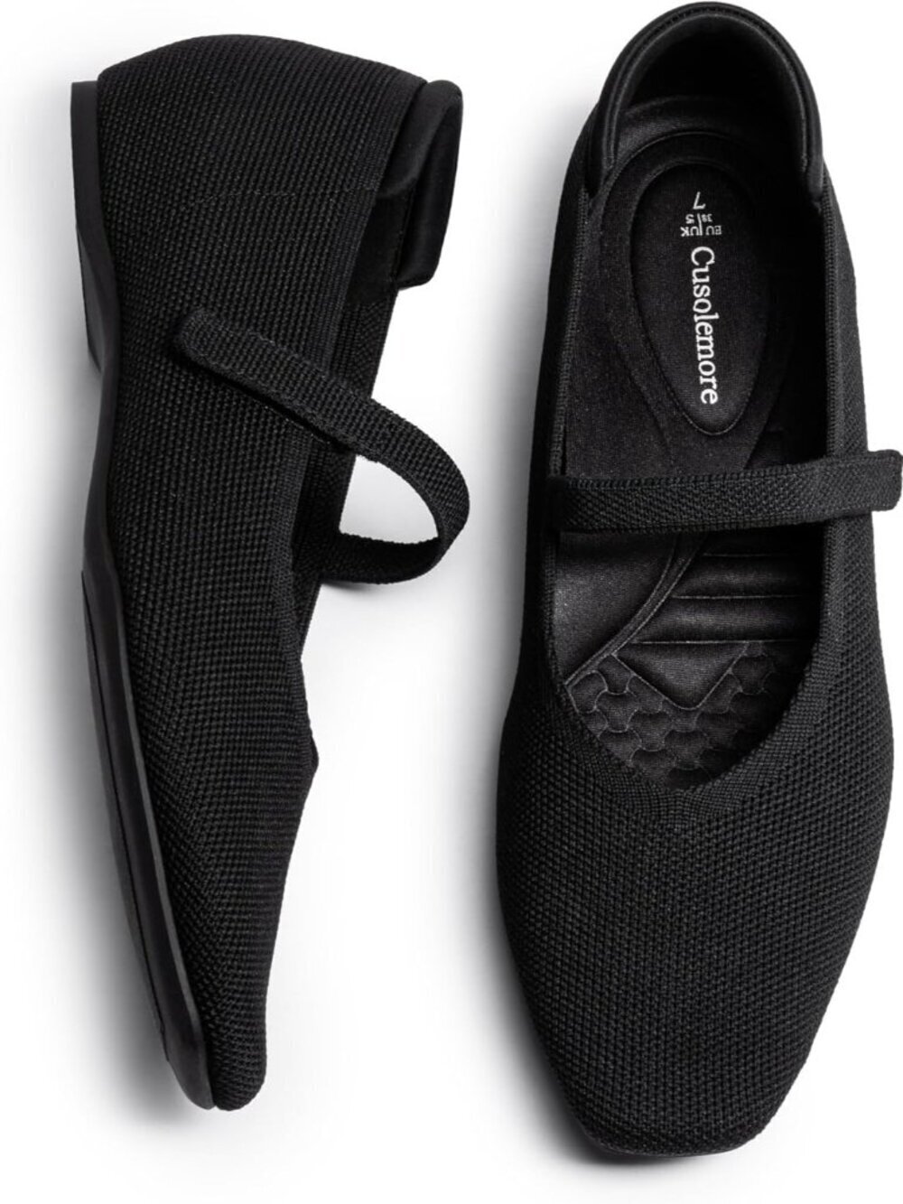 Women Black Knit Square Toe Arch Support and Concealed Low Wedge Ballet Flats